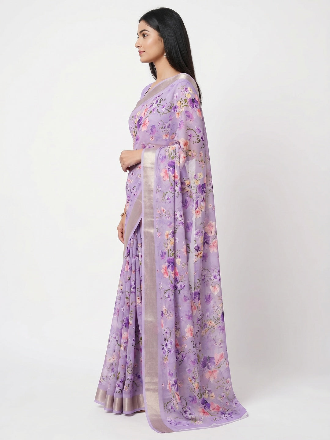 Light Purple Floral Digital Printed Moss Georgette Saree With Zari Border - Image 3
