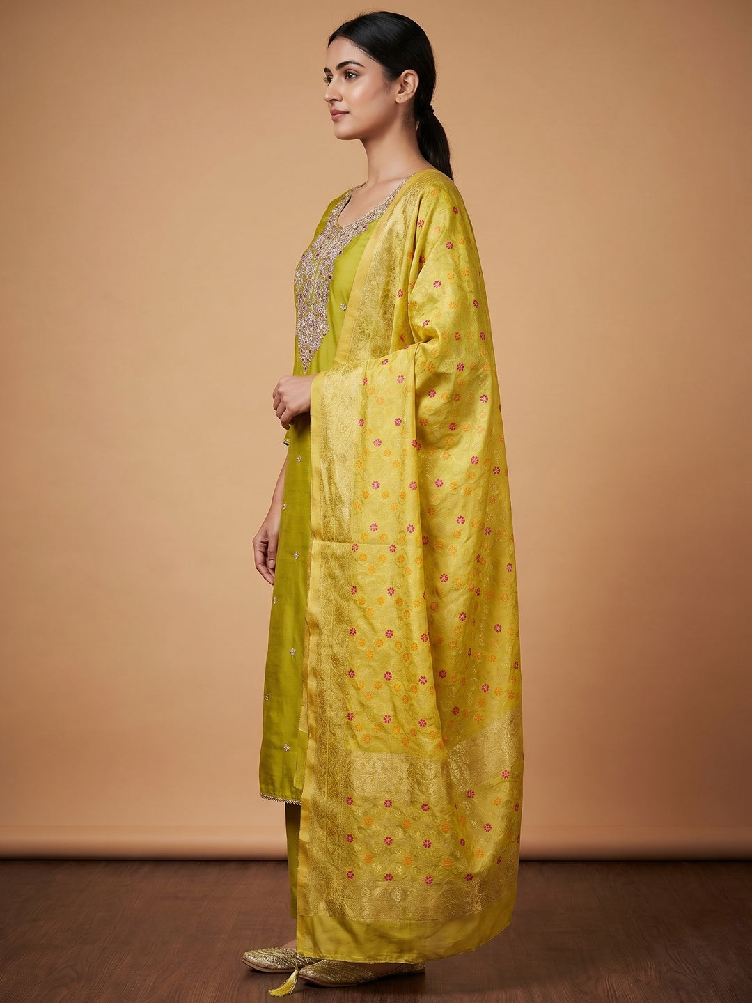 Green Floral Sequins Embroidered Roman Cotton Silk Dress Material - Image 2