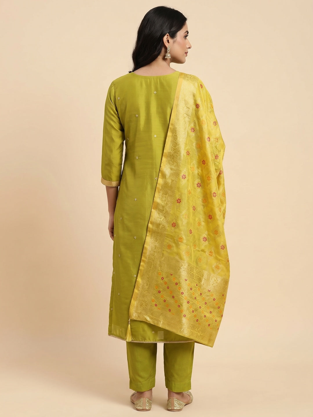 Green Floral Sequins Embroidered Roman Cotton Silk Dress Material - Image 3