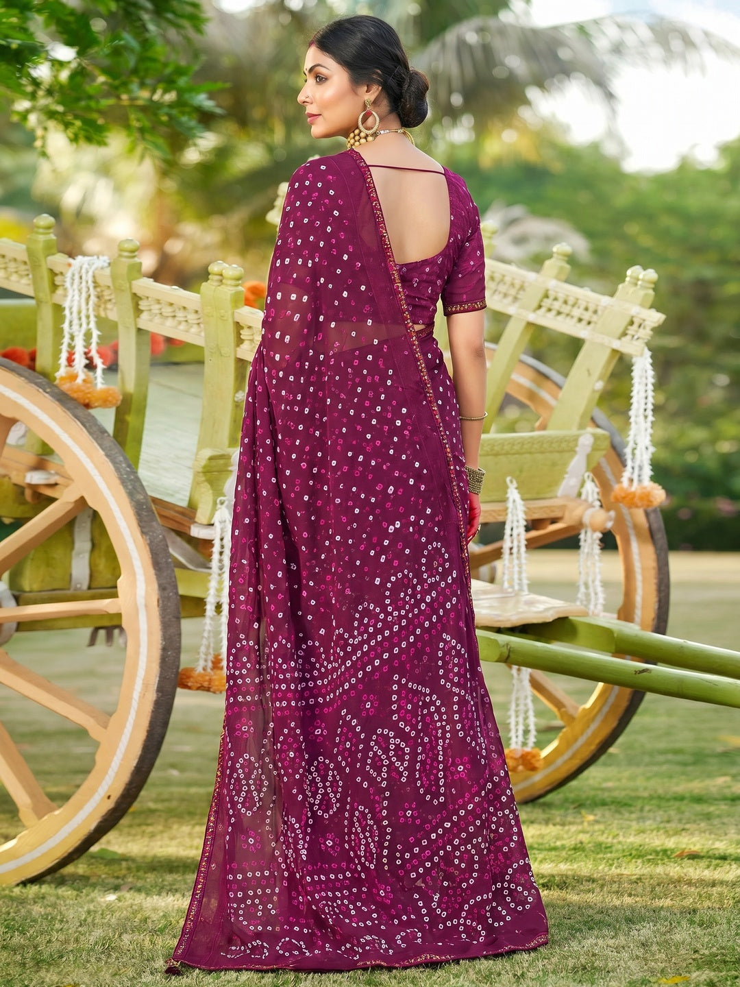 Wine Bandhani Printed Georgette Saree - Image 1