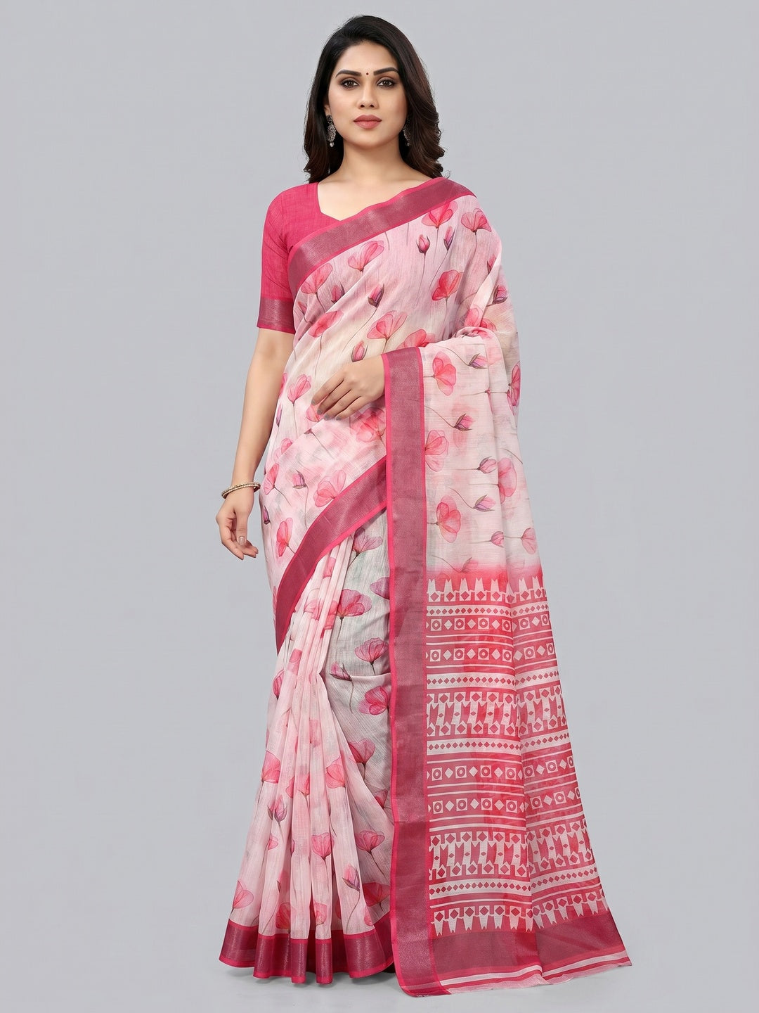 Pink Floral Digital Printed Linen Saree - Image 1