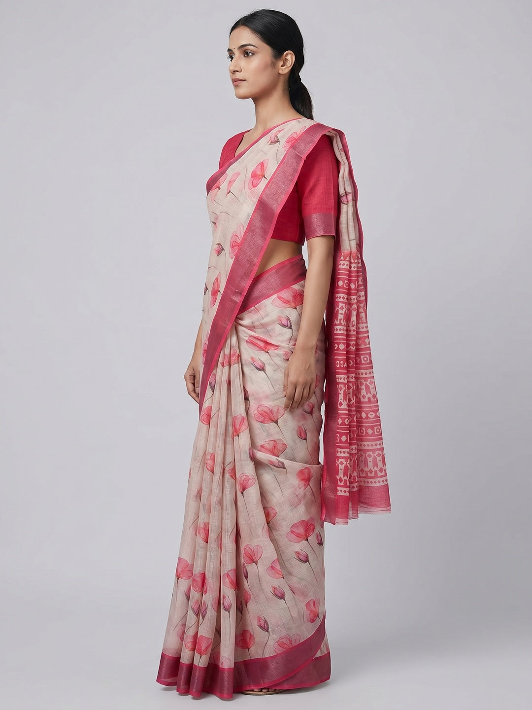 Pink Floral Digital Printed Linen Saree - Image 3