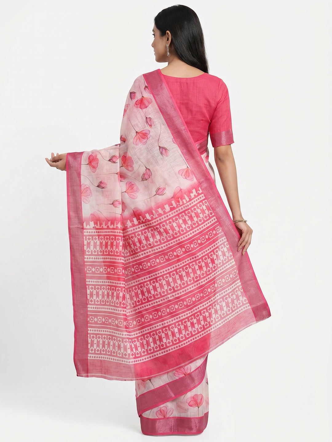 Pink Floral Digital Printed Linen Saree - Image 2