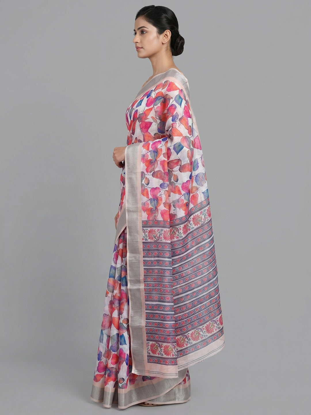 Multicolor Floral Digital Printed Linen Saree - Image 2