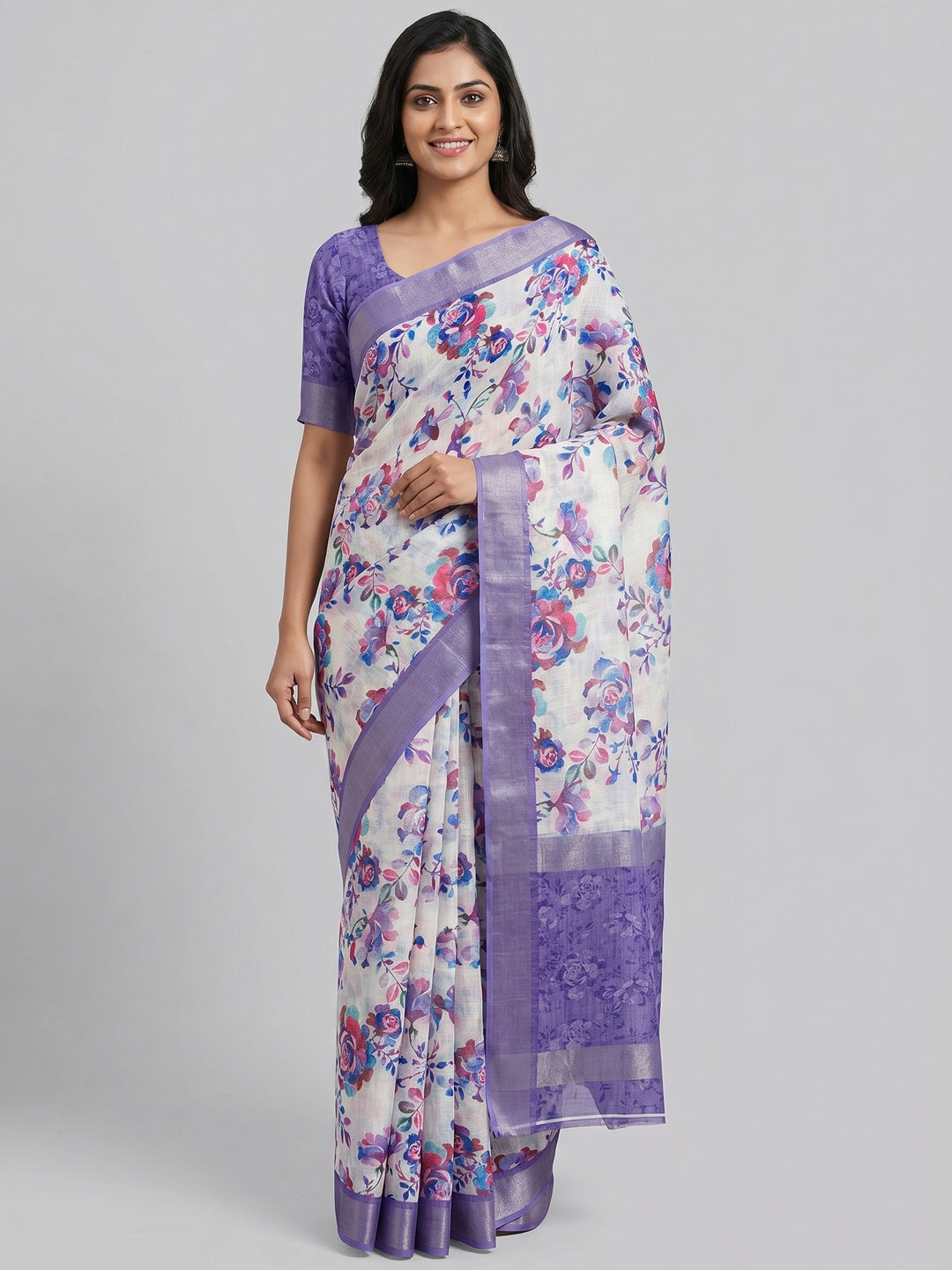 Offwhite & Purple Floral Digital Printed Linen Saree - Image 1
