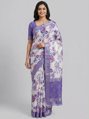 Offwhite & Purple Floral Digital Printed Linen Saree - Image 1