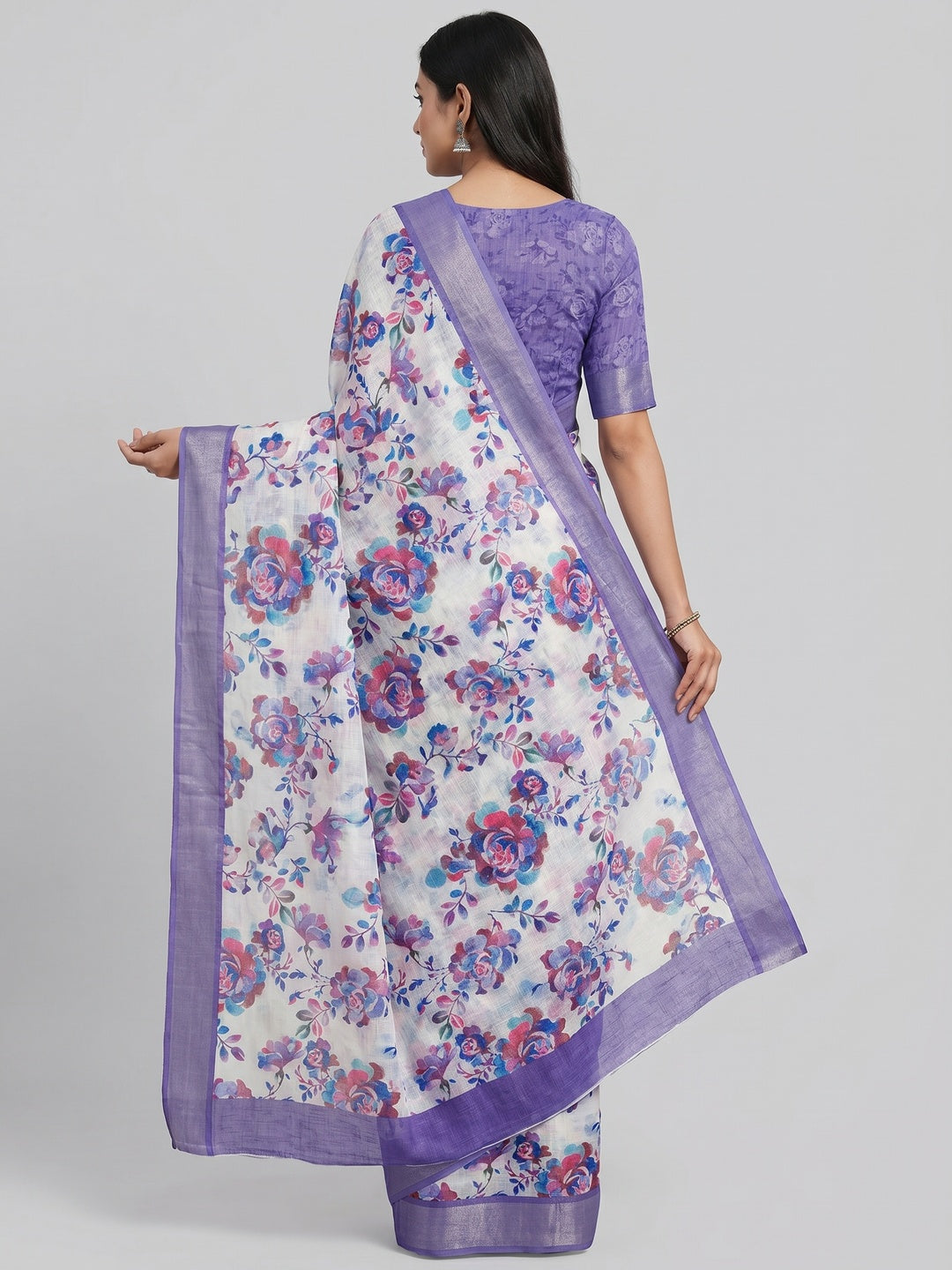 Offwhite & Purple Floral Digital Printed Linen Saree - Image 2