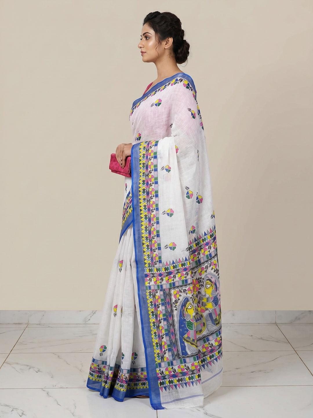 White & Blue Digital Printed Linen Saree - Image 2
