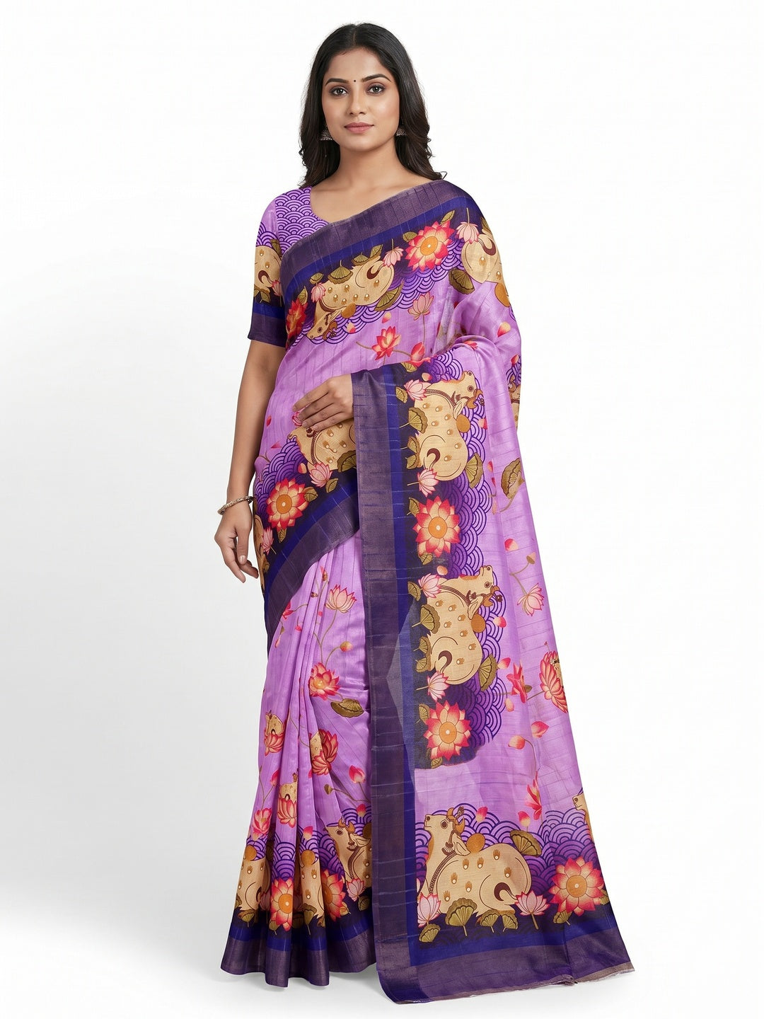 Lavender & Blue Floral Digital Printed Tussar Silk Saree - Image 1