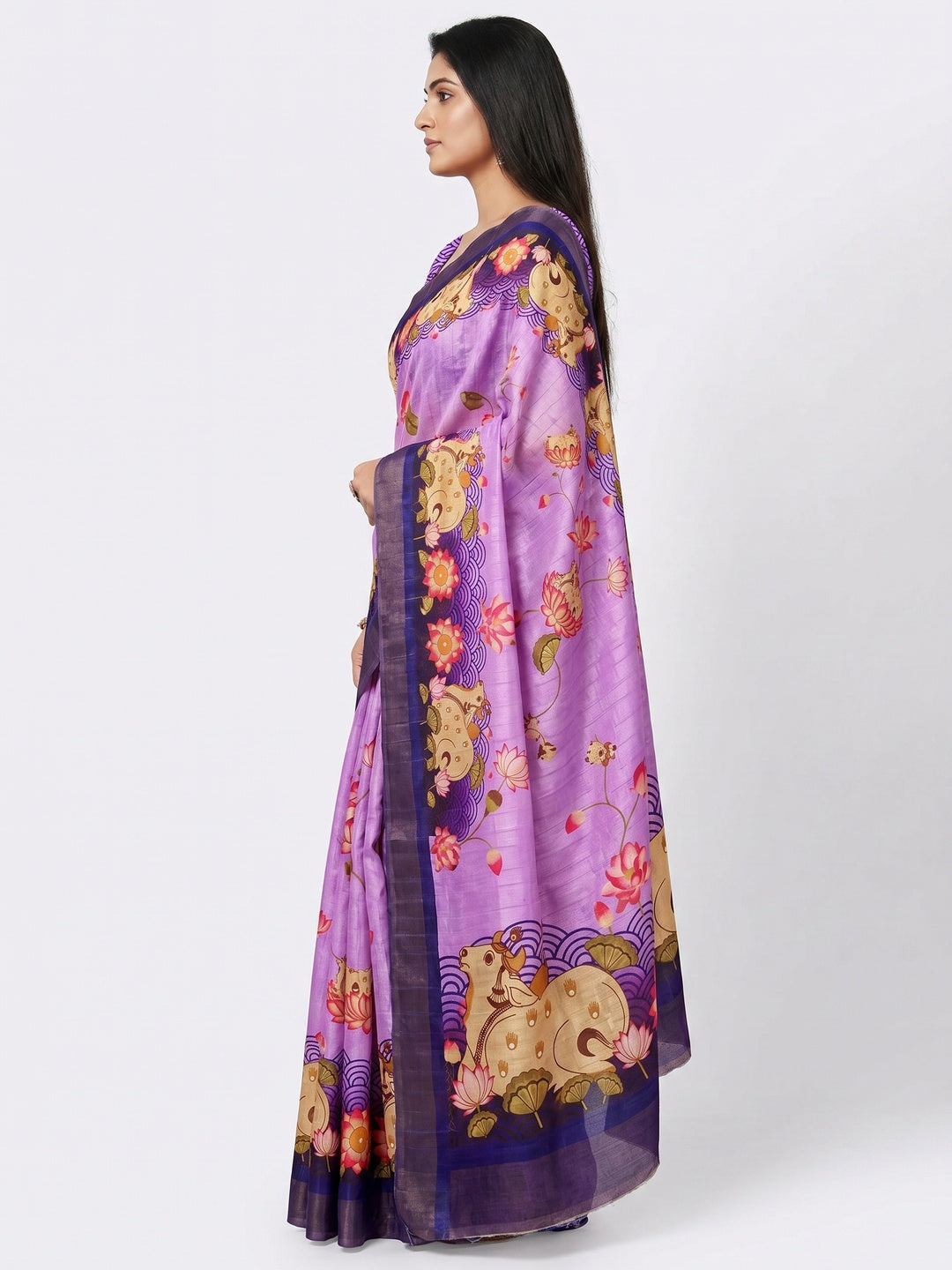Lavender & Blue Floral Digital Printed Tussar Silk Saree - Image 2