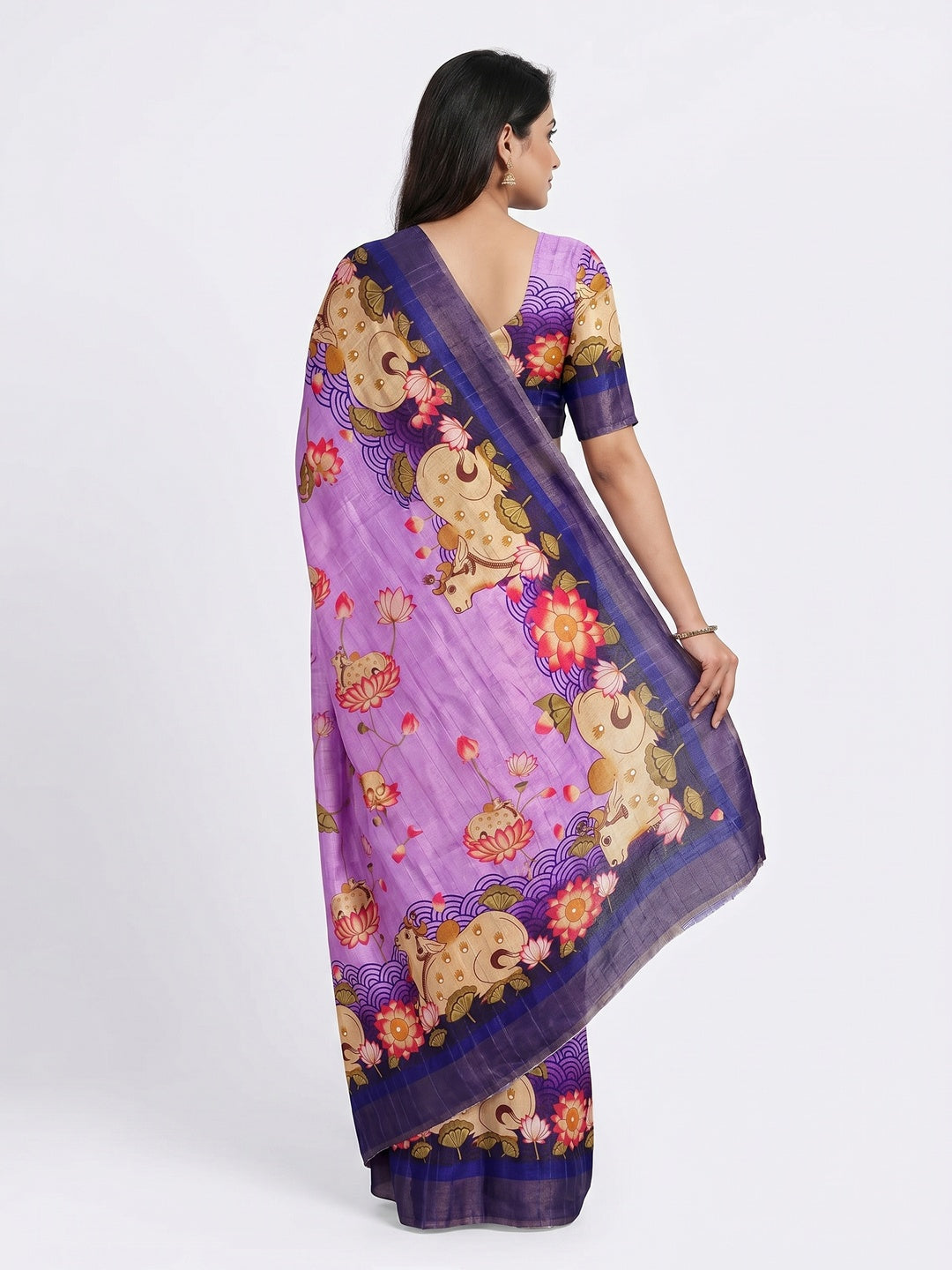 Lavender & Blue Floral Digital Printed Tussar Silk Saree - Image 3