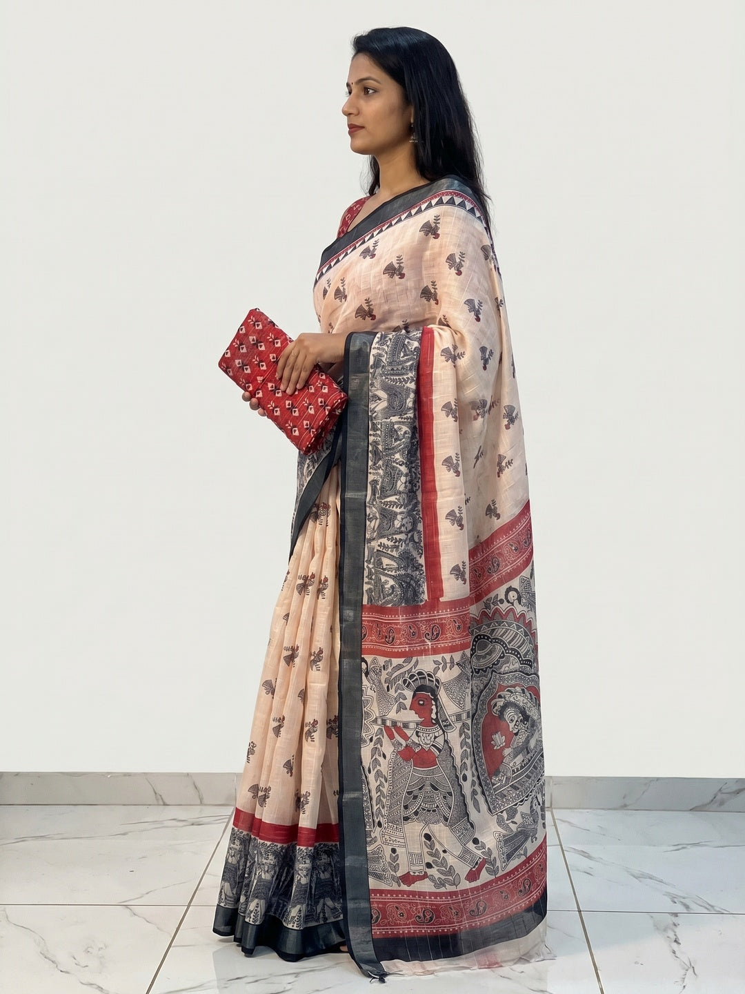 Cream Digital Printed Linen Saree - Image 3