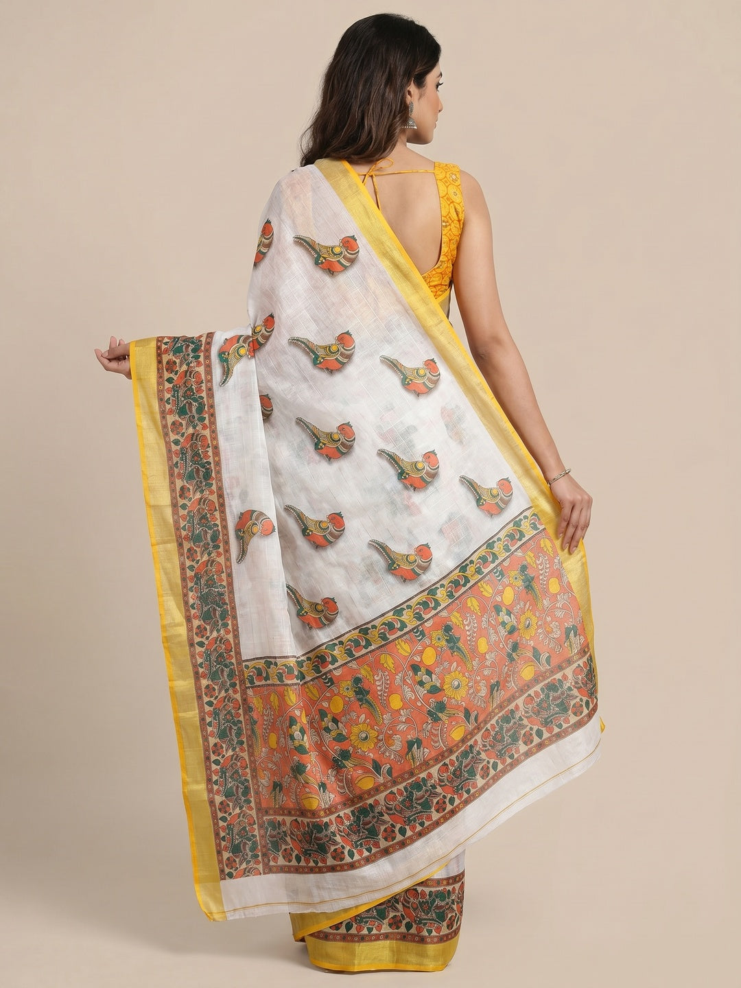 White & Yellow Digital Printed Linen Saree - Image 2
