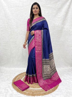 Navy Blue Zari Woven Dola Silk Saree - Image 2
