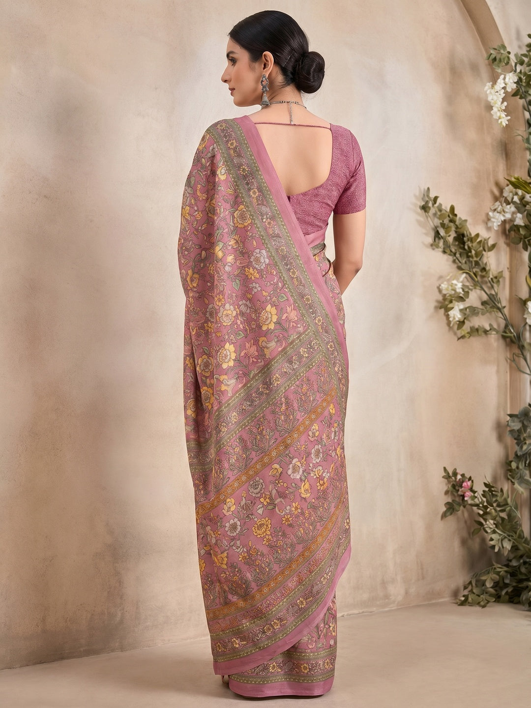 Mauve Floral Printed Crepe Silk Saree - Image 1
