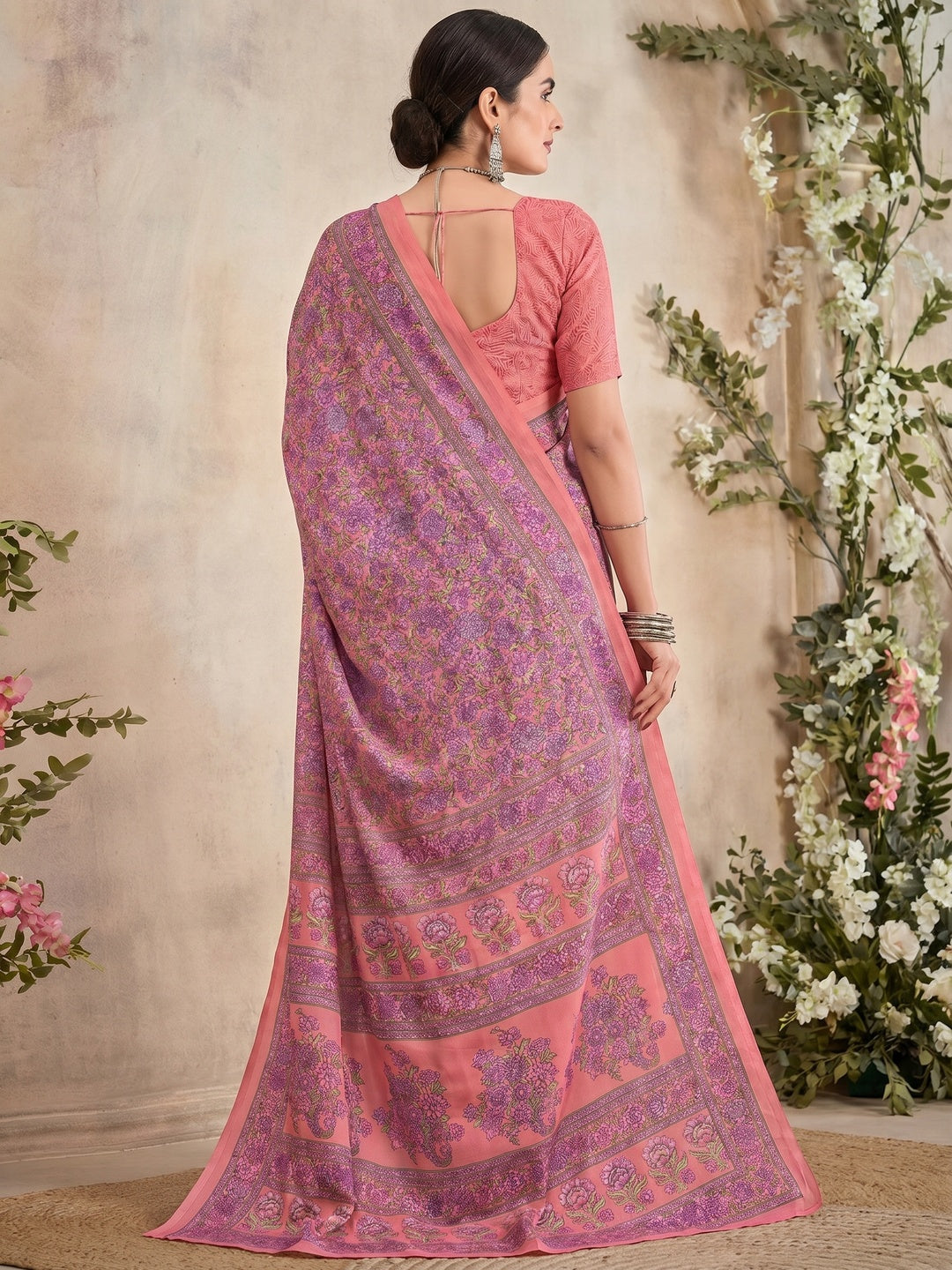 Pink Floral Printed Crepe Silk Saree - Image 1