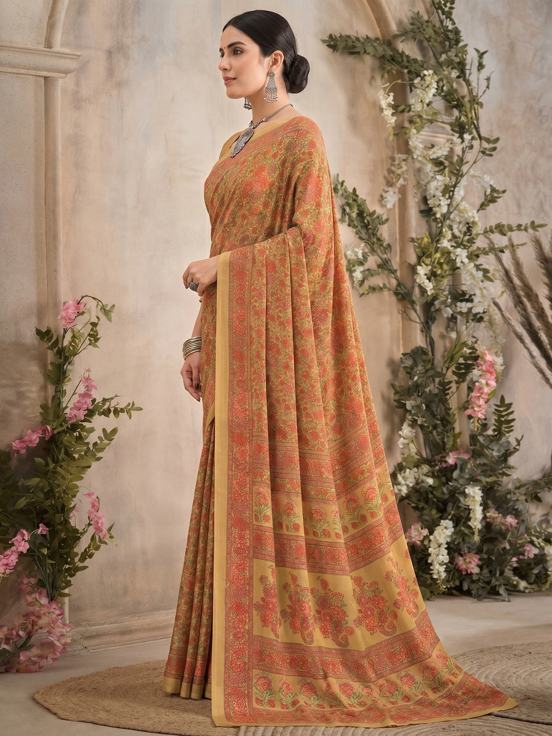 Mustard Crepe Silk Floral Printed Saree - Image 1
