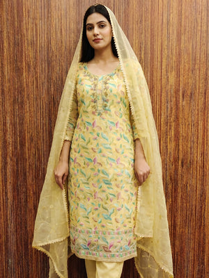 Yellow Floral Printed With Hand Embroidered Organza Dress Material - Image 1