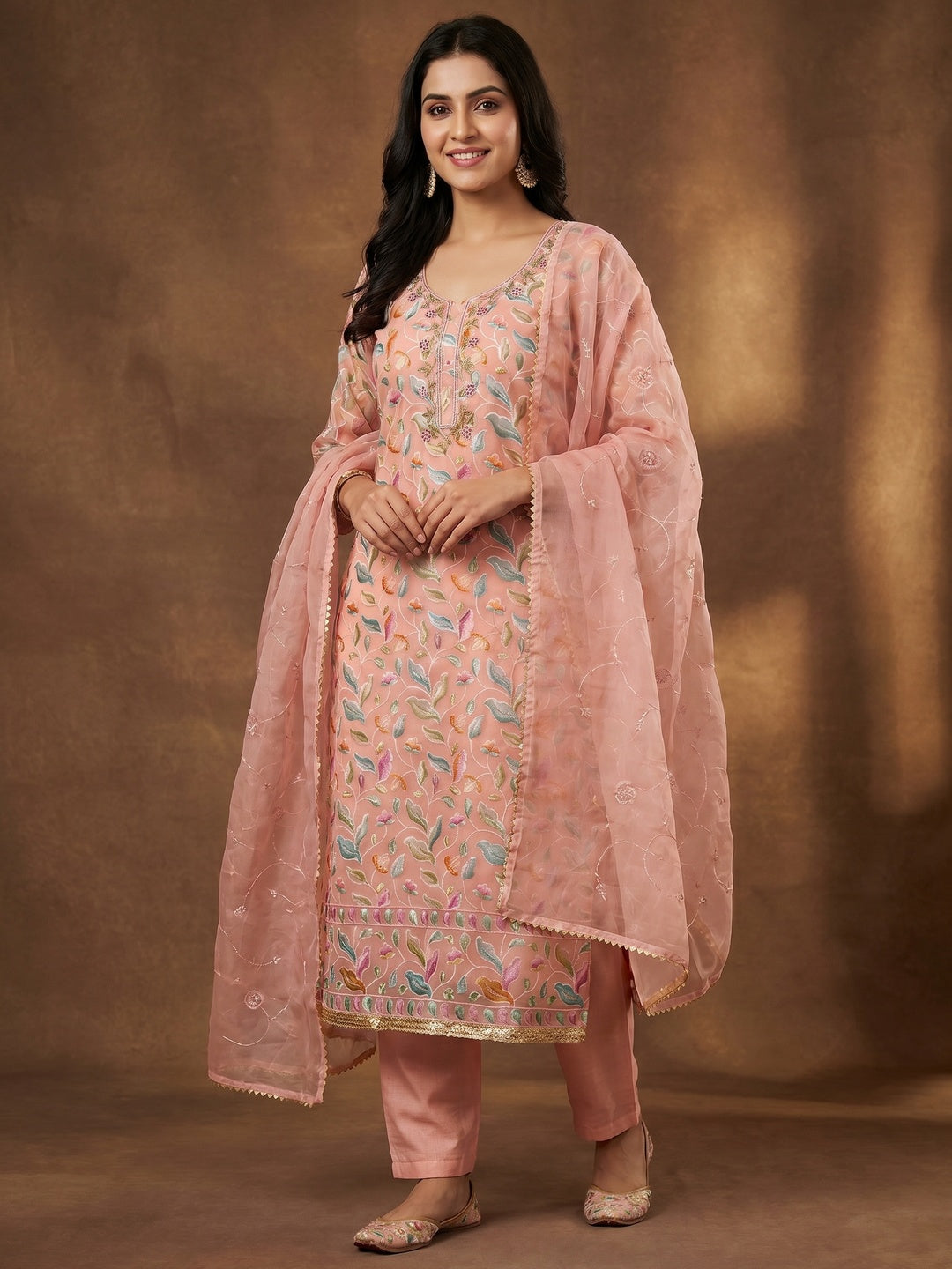 Peach Floral Printed With Hand Embroidered Organza Dress Material - Image 1