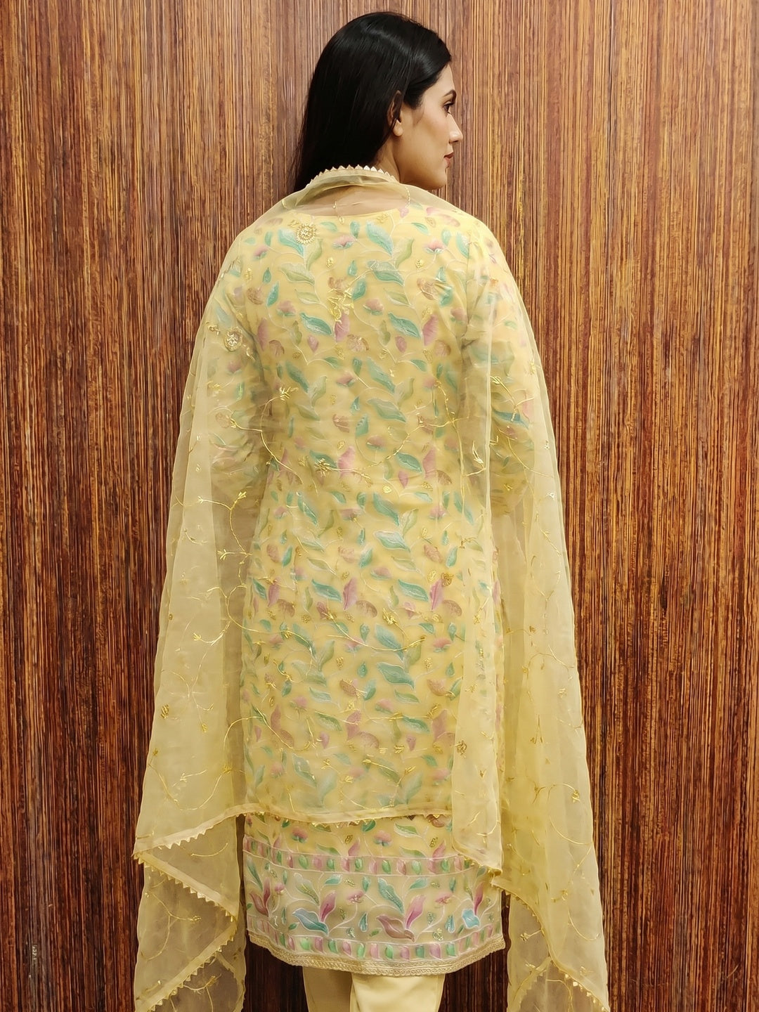 Yellow Floral Printed With Hand Embroidered Organza Dress Material - Image 3