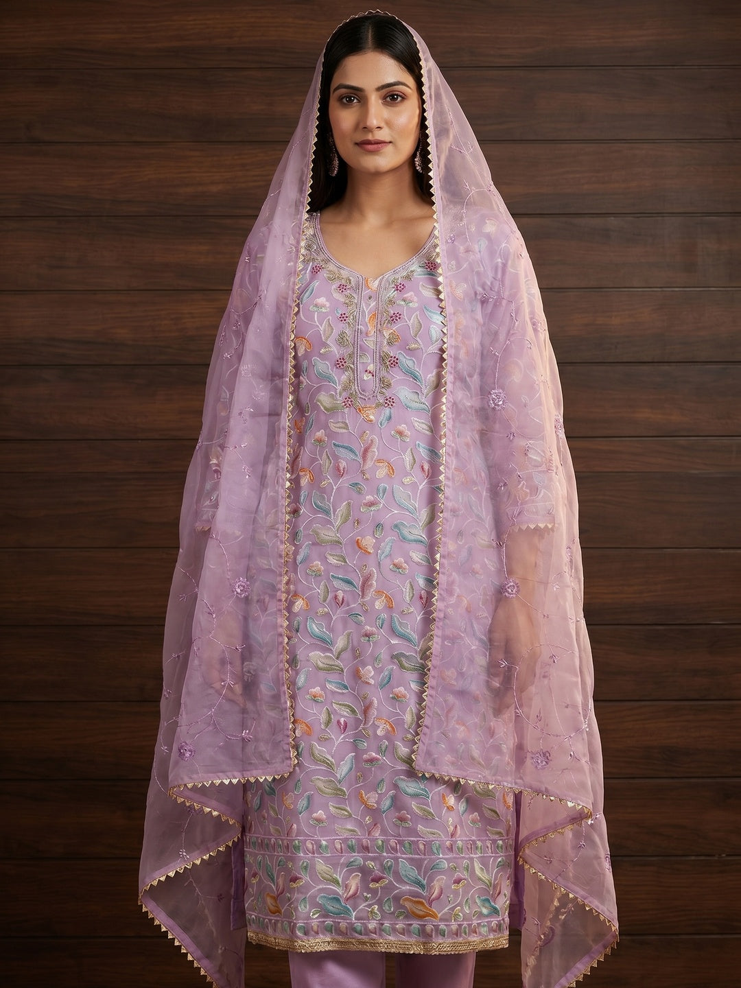 Light Purple Floral Printed With Hand Embroidered Organza Dress Material - Image 1