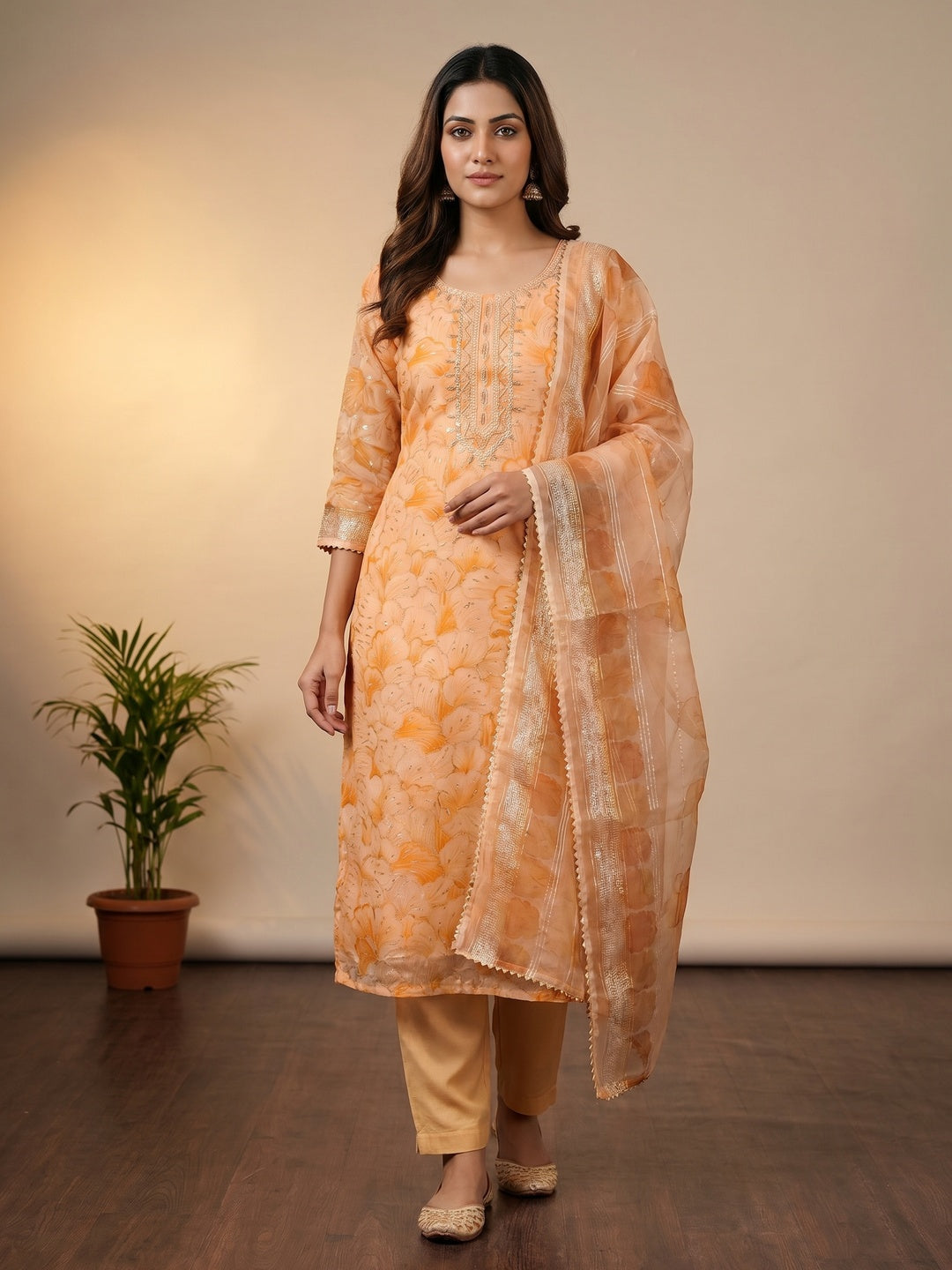 Peach Floral Print With Sequins Embroidered Organza Dress Material - Image 1