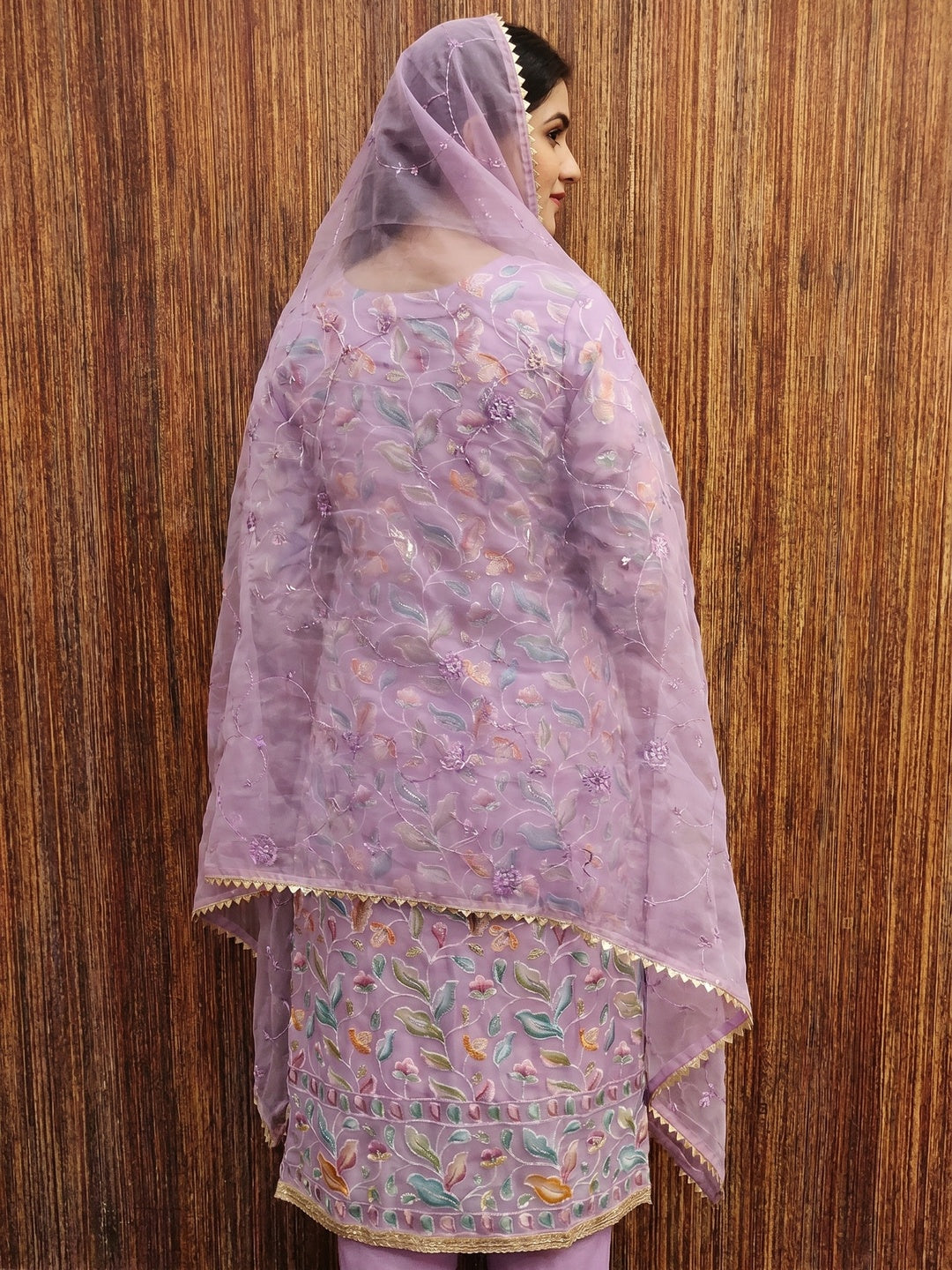 Light Purple Floral Printed With Hand Embroidered Organza Dress Material - Image 2