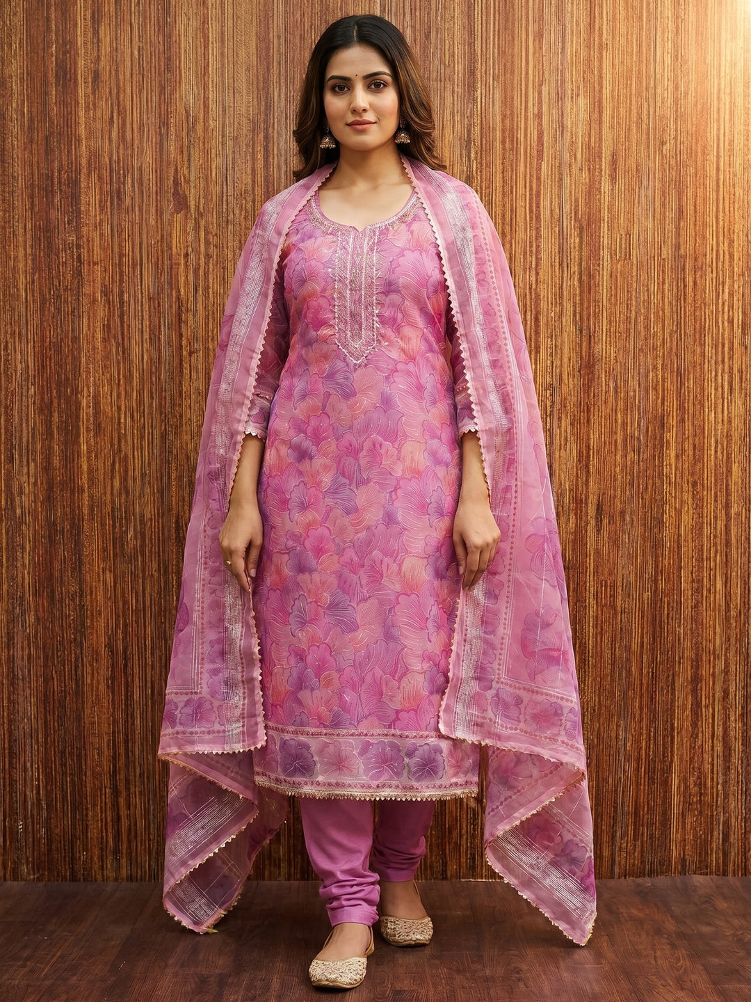 Purple Floral Print With Sequins Embroidered Organza Dress Material - Image 1