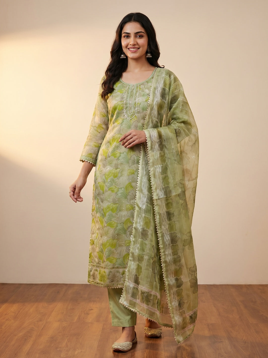 Green Floral Print With Sequins Embroidered Organza Dress Material - Image 1
