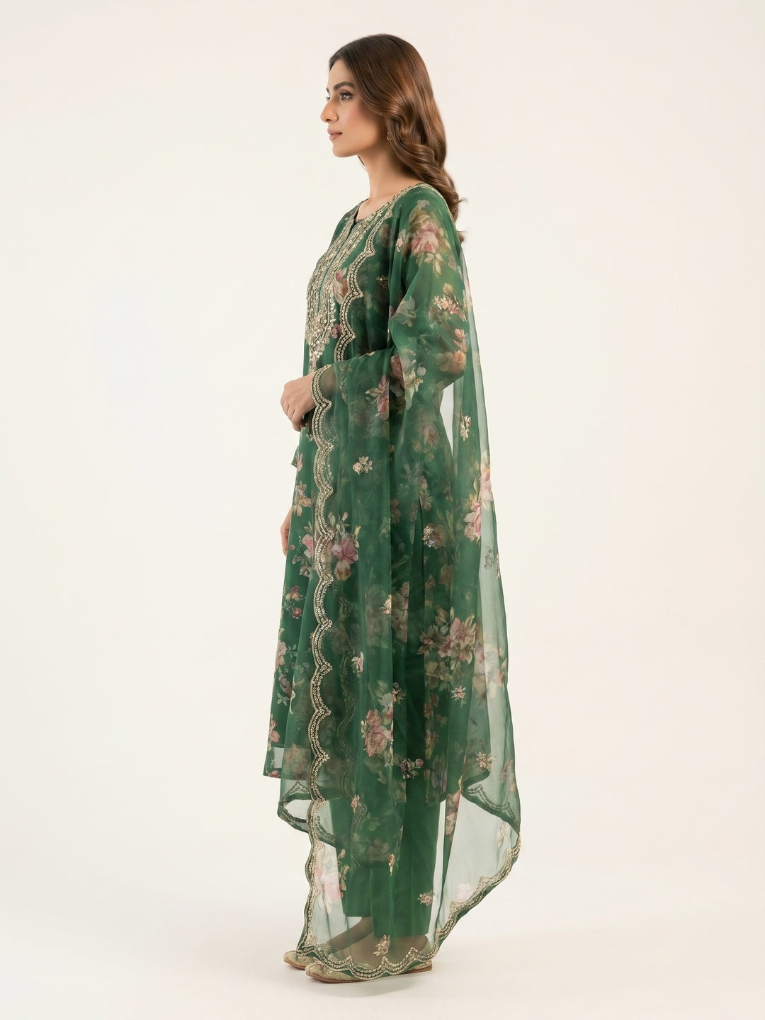 Green Floral Print With Sequins Embroidered Organza Dress Material - Image 2