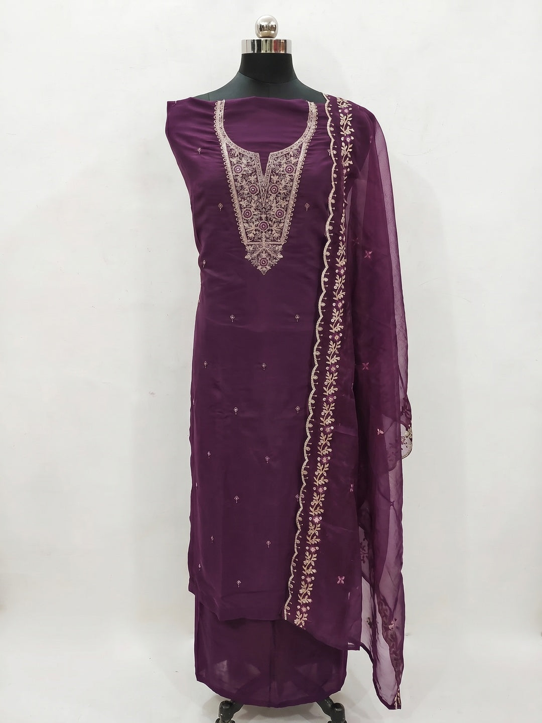 Purple Floral Embroidered Viscose Dress Material - Image 1