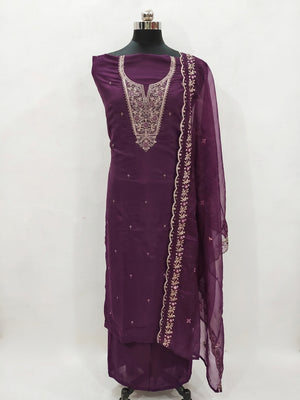 Purple Floral Embroidered Viscose Dress Material - Image 1