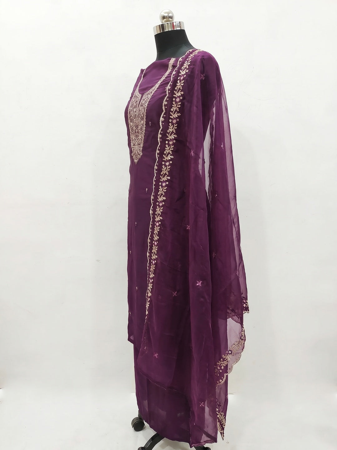 Purple Floral Embroidered Viscose Dress Material - Image 2