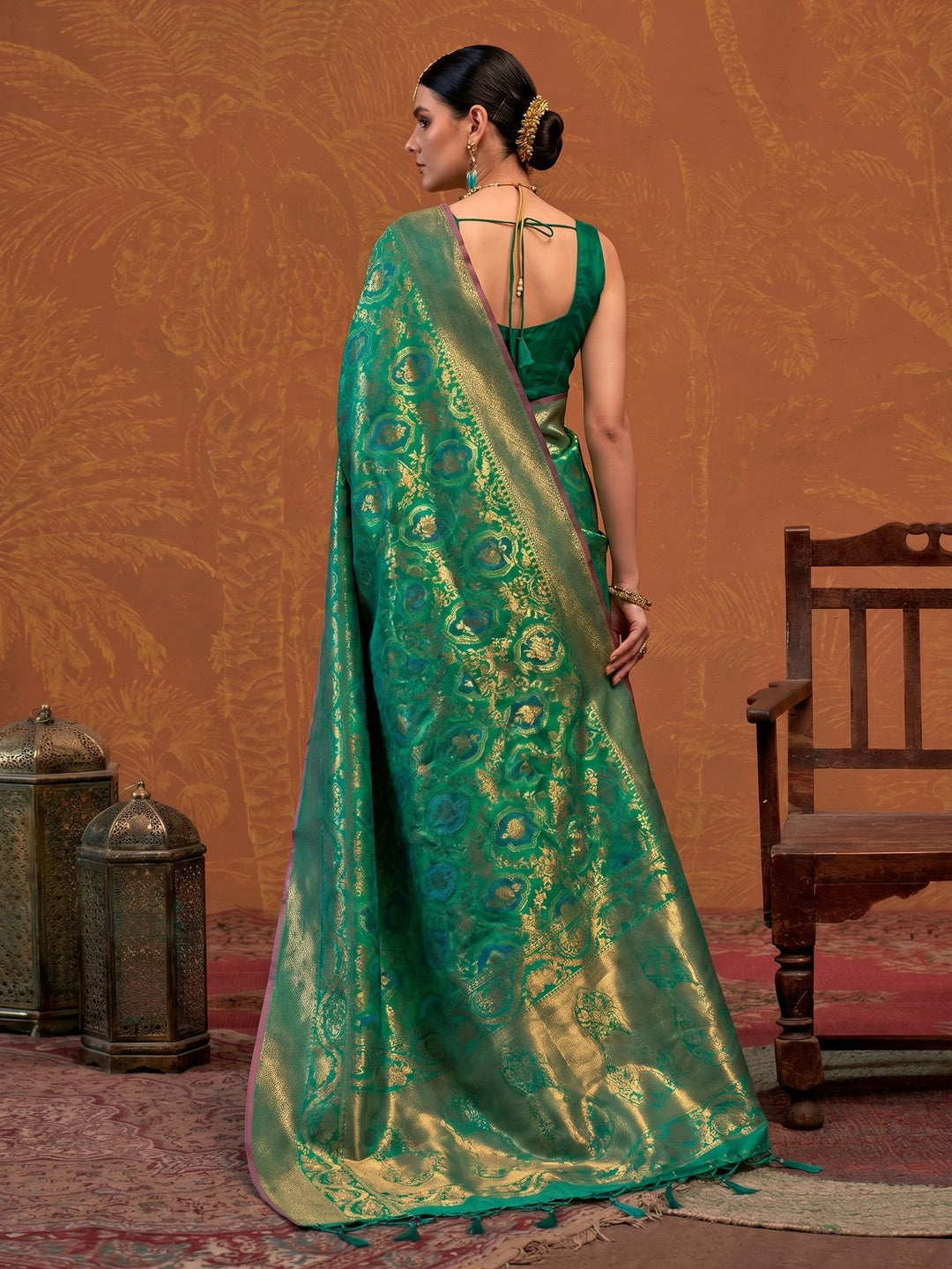Rama Green Zari Weaving Art Silk Saree With Tassels - Image 1