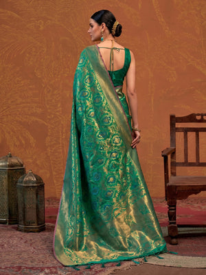 Rama Green Zari Weaving Art Silk Saree With Tassels - Image 1