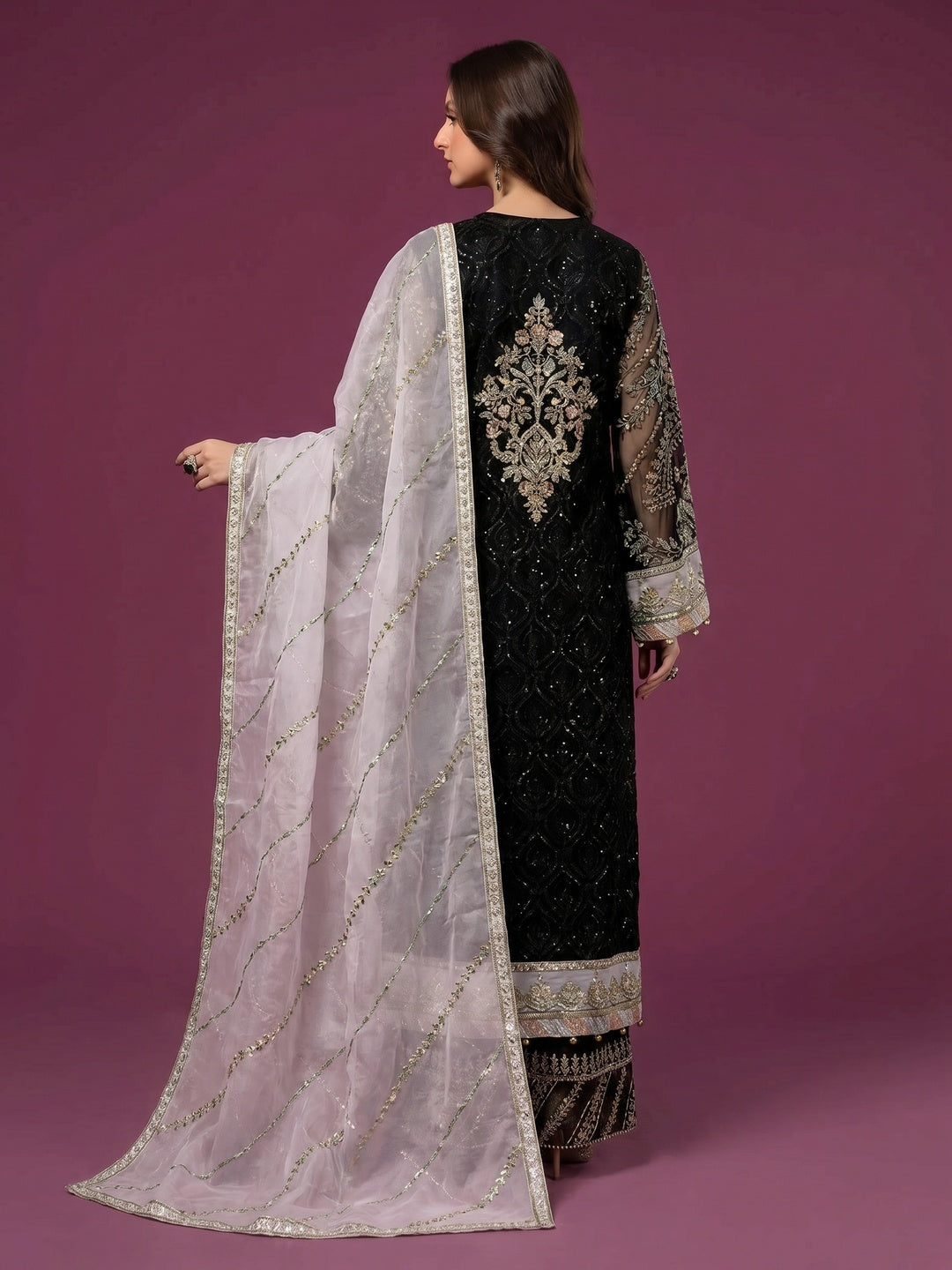Black & Lavender Embroidered Georgette Semi Stitched Pakistani Suit - Image 1