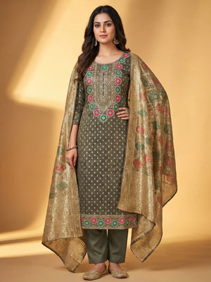 Grey Woven With Sequins Work Jacquard Dress Material - Image 1