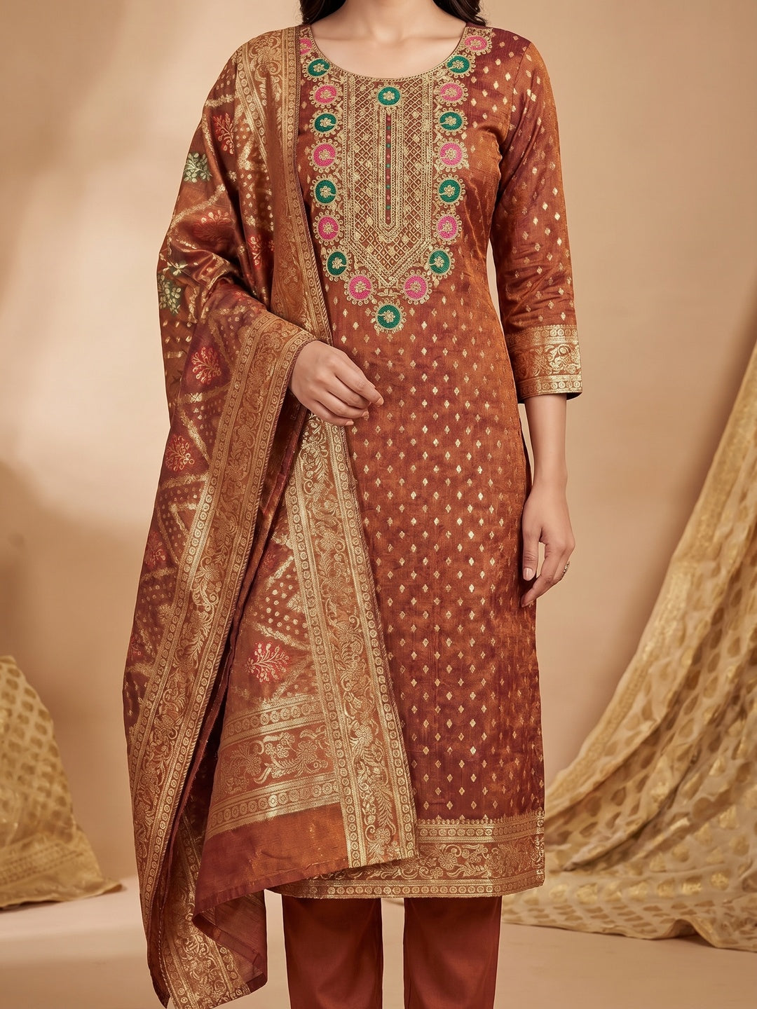 Rust Woven With Sequins Work Jacquard Dress Material - Image 1