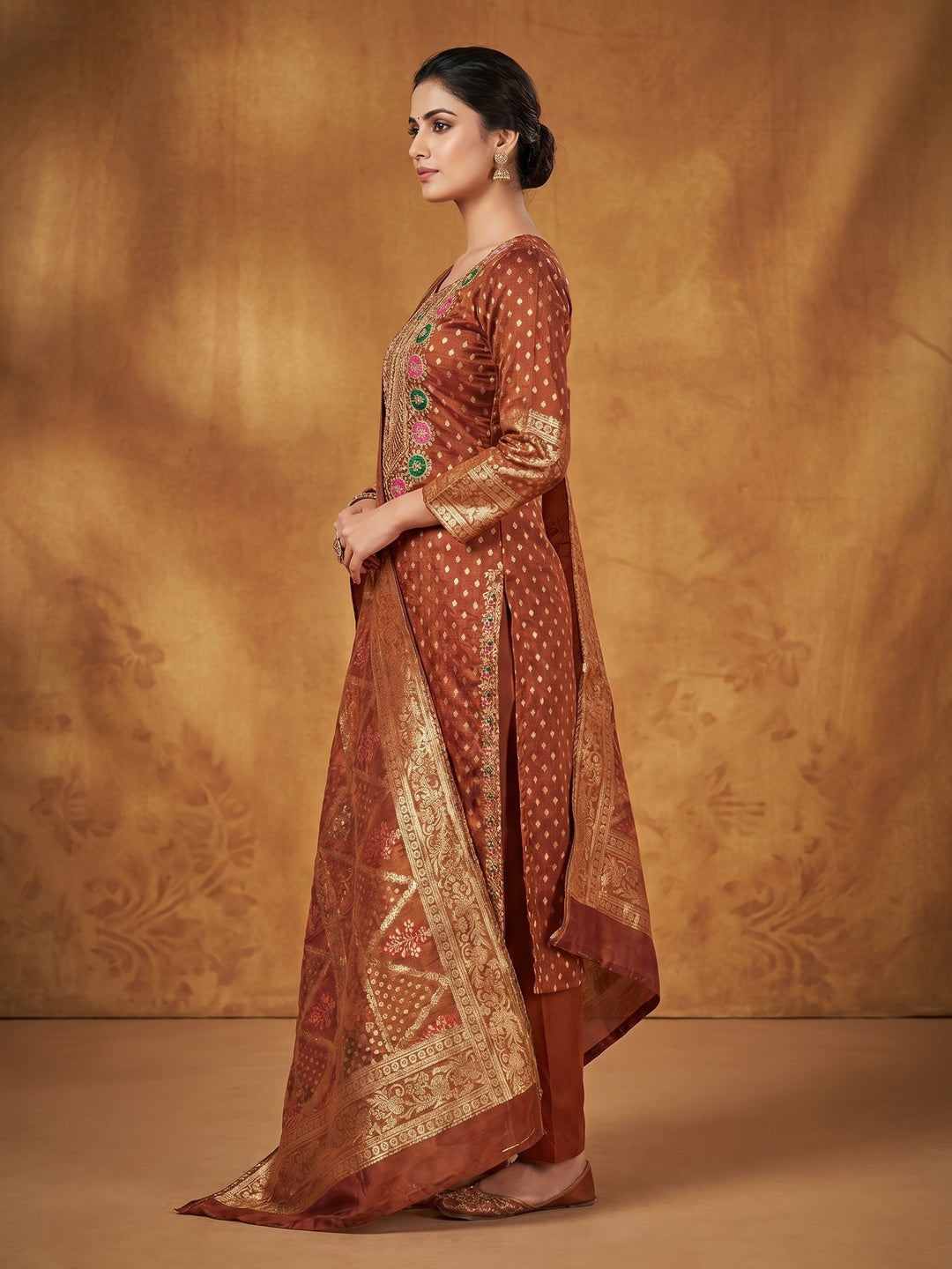 Rust Woven With Sequins Work Jacquard Dress Material - Image 2