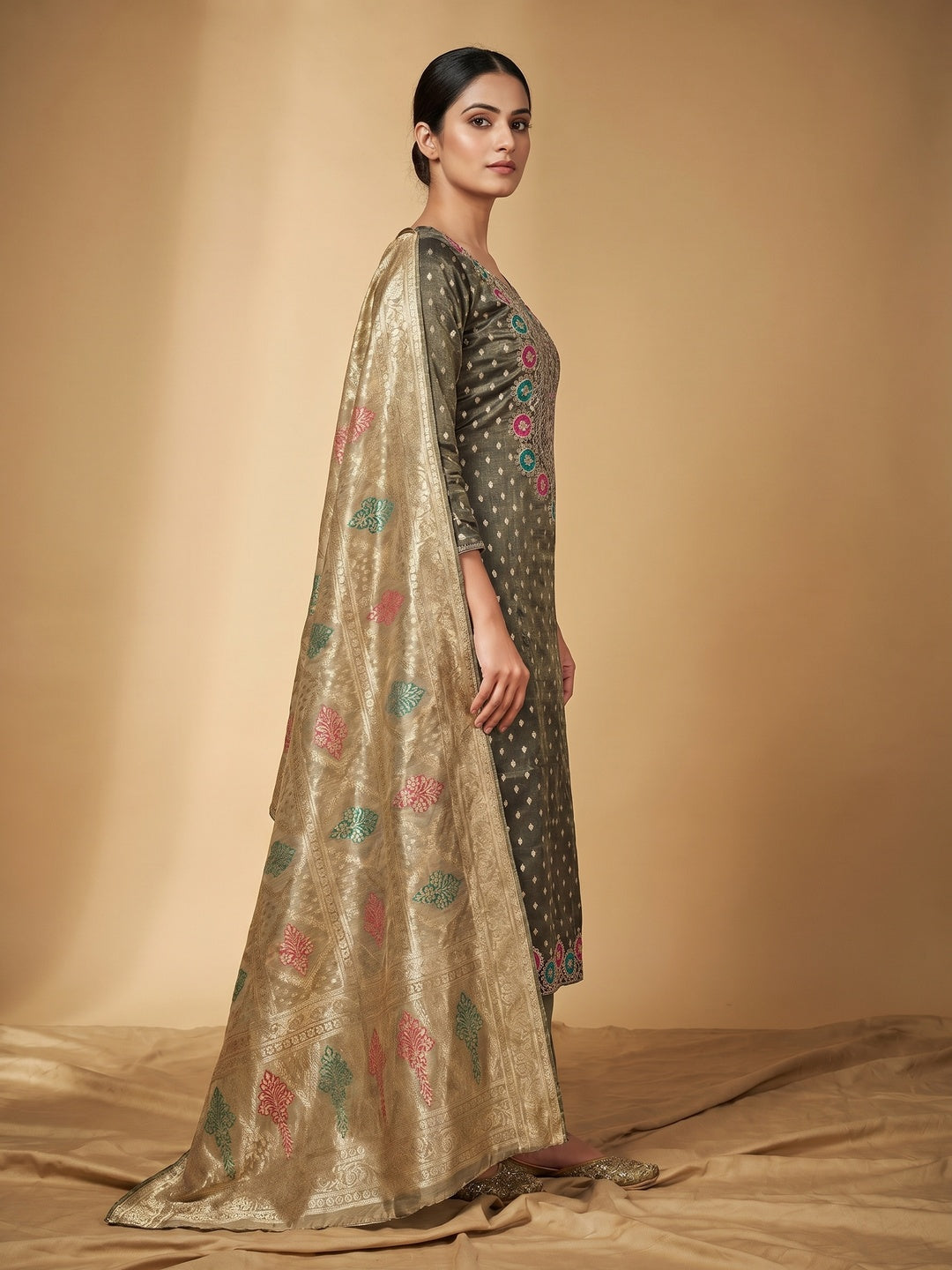 Grey Woven With Sequins Work Jacquard Dress Material - Image 3