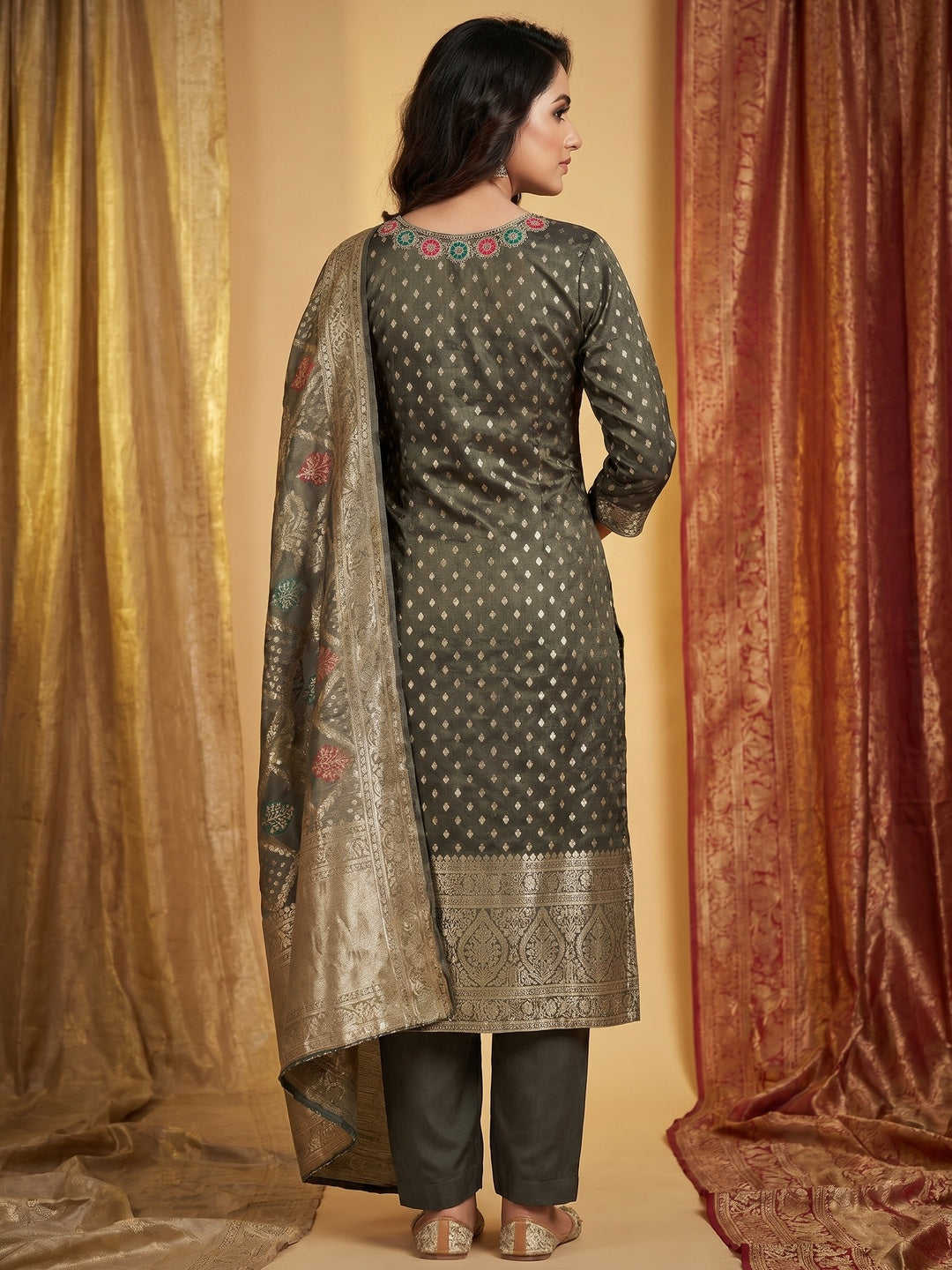 Grey Woven With Sequins Work Jacquard Dress Material - Image 2