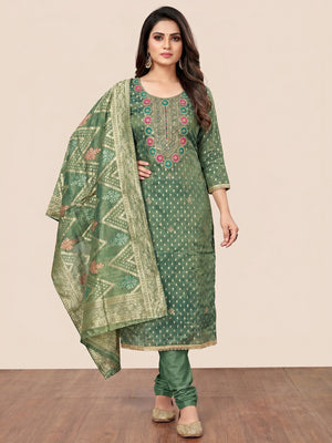 Green Woven With Sequins Work Jacquard Dress Material - Image 1