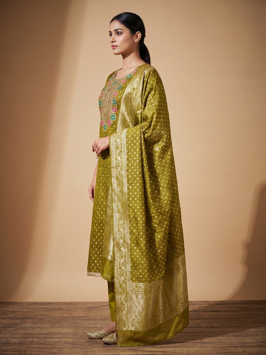Mehendi Green Woven With Sequins Work Jacquard Dress Material - Image 2