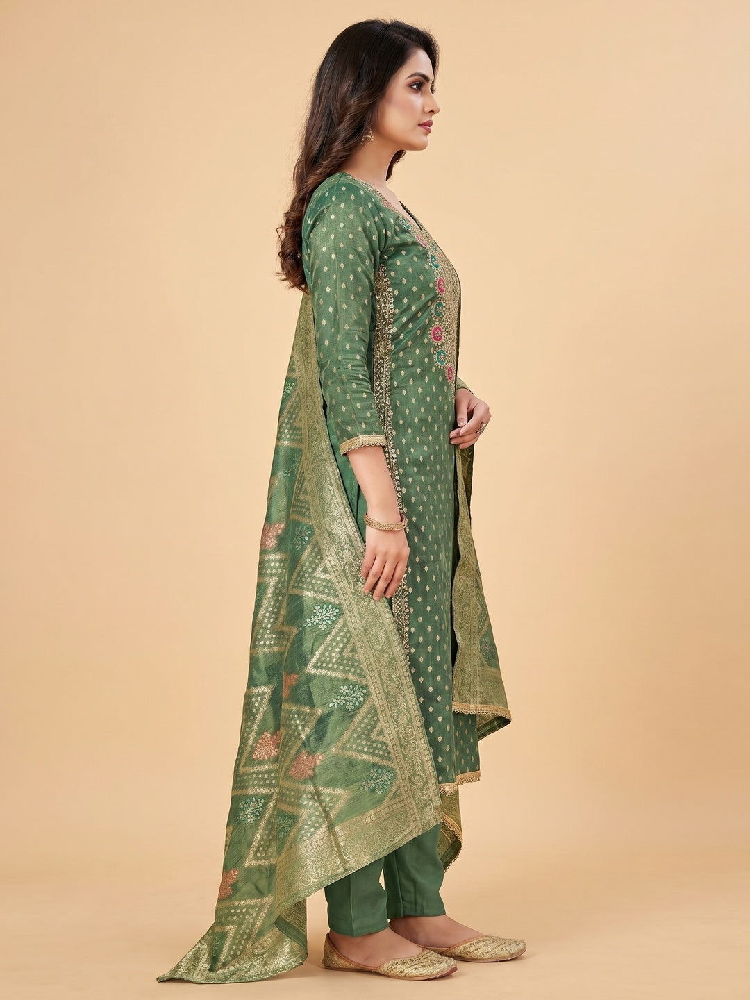 Green Woven With Sequins Work Jacquard Dress Material - Image 3
