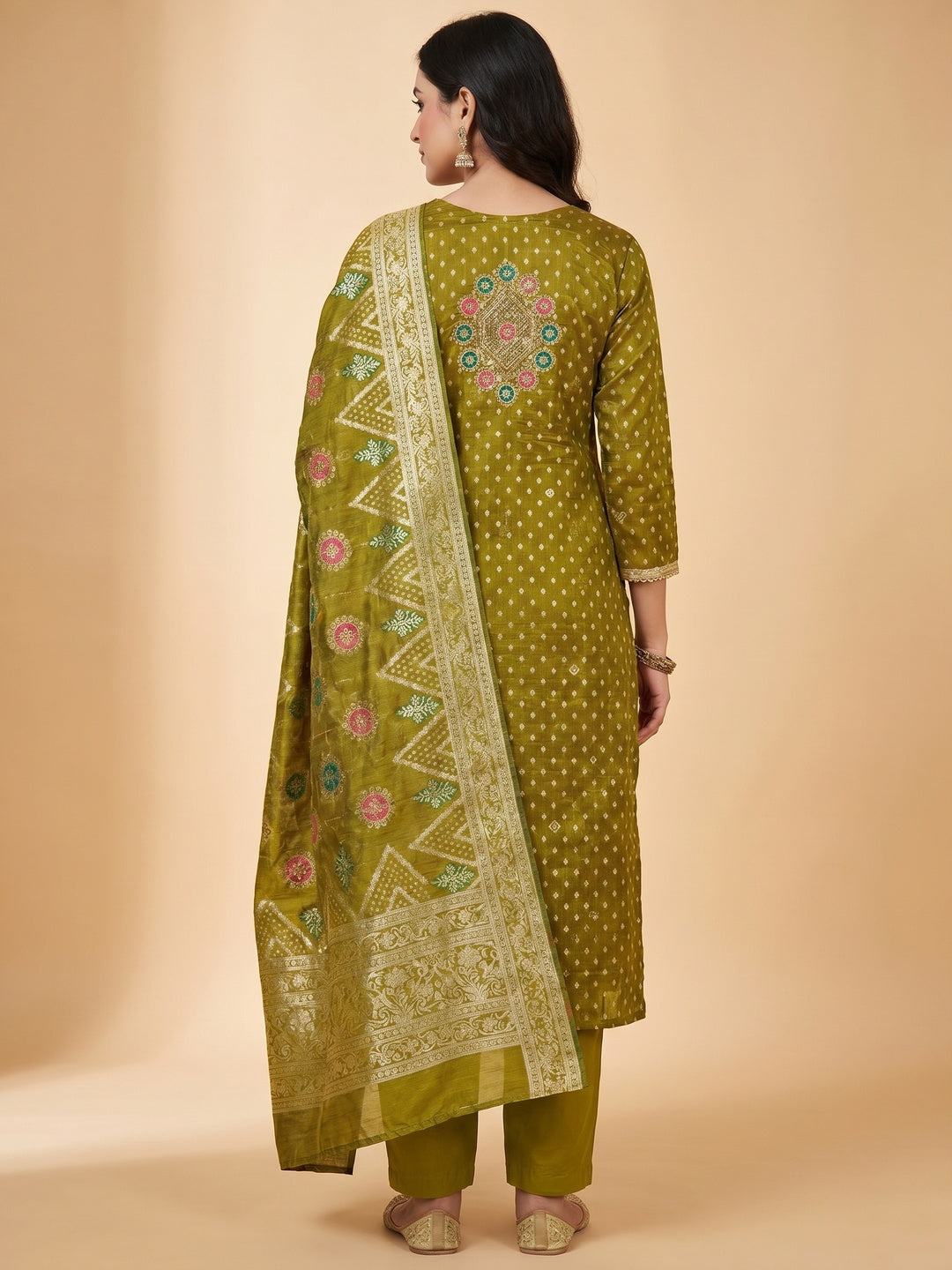 Mehendi Green Woven With Sequins Work Jacquard Dress Material - Image 3