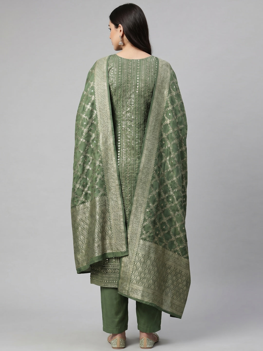 Green Woven With Sequins Work Jacquard Dress Material - Image 2