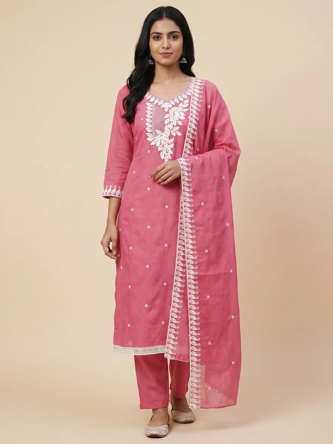 Gajari Pink Floral Embroidered Cotton Blend Dress Material - Image 1