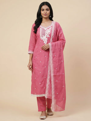 Gajari Pink Floral Embroidered Cotton Blend Dress Material - Image 1
