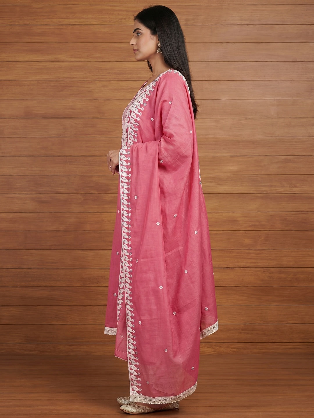 Gajari Pink Floral Embroidered Cotton Blend Dress Material - Image 2