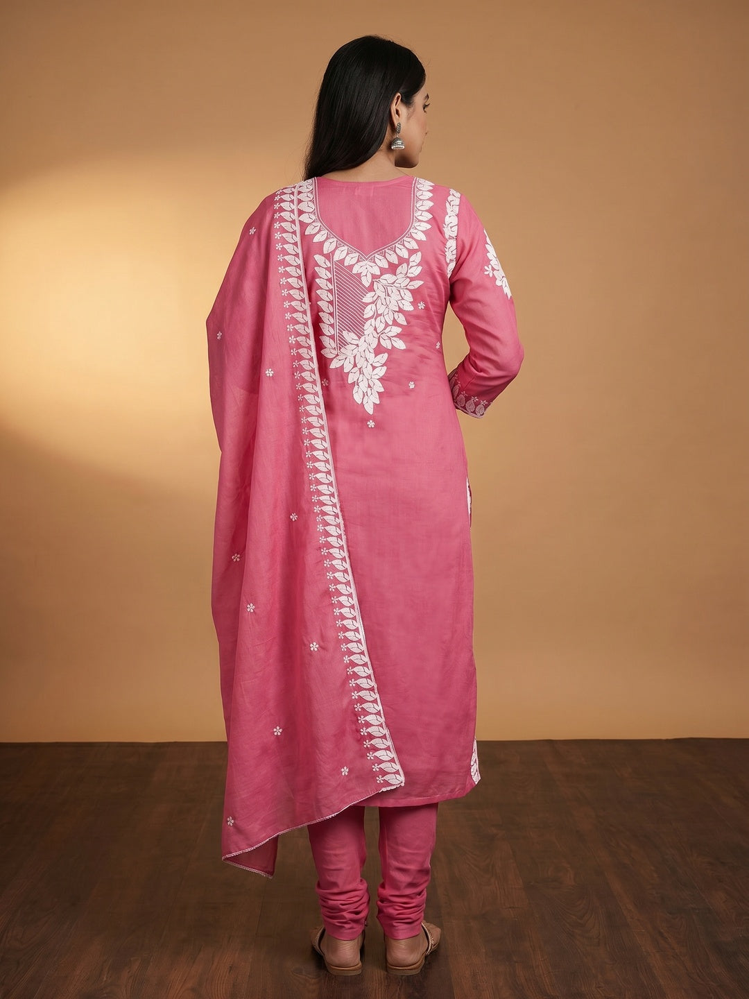 Gajari Pink Floral Embroidered Cotton Blend Dress Material - Image 3